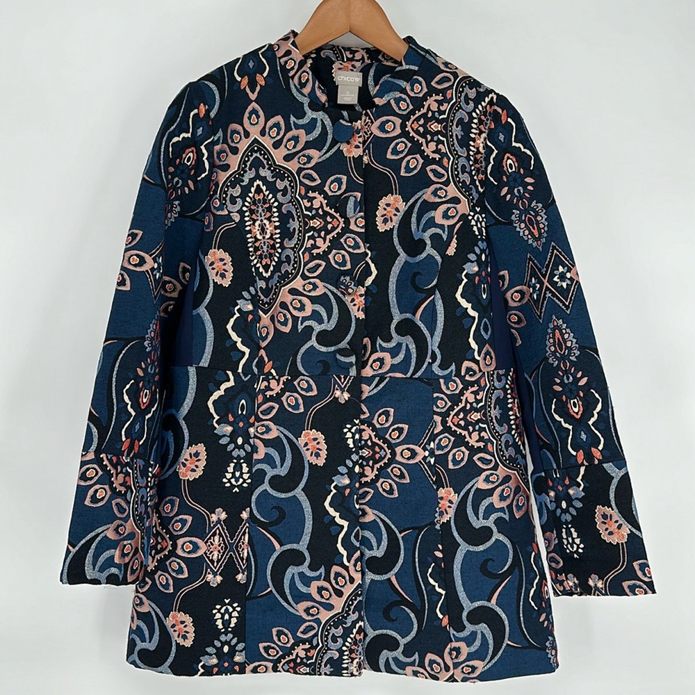 CHICOS 0 Jacquard Embroidered Jacket  Blue Metallic Lined Career Boho- Women’s